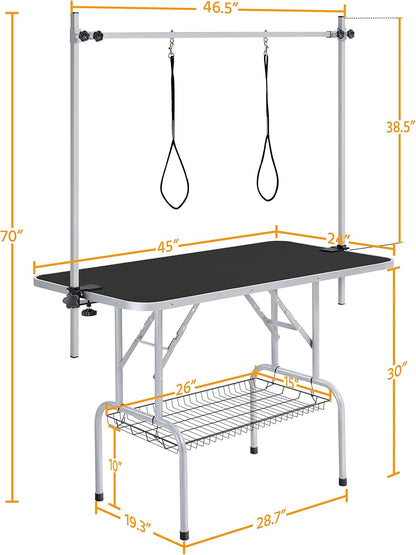 46'' Pet Grooming Table for Large Dogs Adjustable Height Portable Trimming Table Drying Table W/Arm/Noose/Mesh Tray Maximum Capacity up to 265Lb, Black