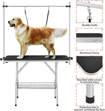 46'' Pet Grooming Table for Large Dogs Adjustable Height Portable Trimming Table Drying Table W/Arm/Noose/Mesh Tray Maximum Capacity up to 265Lb, Black